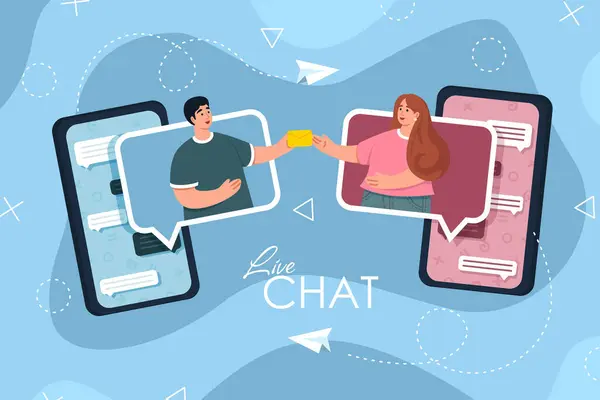 İnsanlar internette sohbet ediyorlar. Sanal toplantı, akıllı telefon kurye uygulama konseptinde uzaktan konuşma. İki genç sohbet ediyor ve Aşk İlişkisini Randevu Uygulamasında Başlıyor