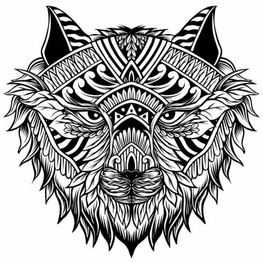 Mandala temalı bir kurt kafasının el çizimi.