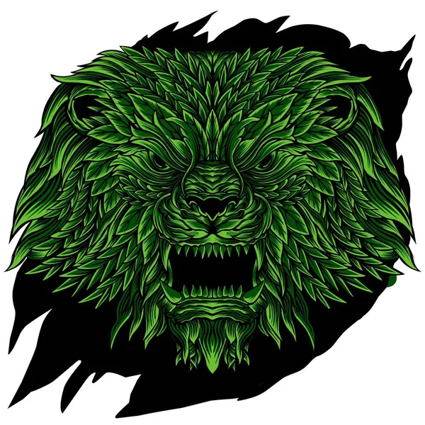 Illustration Tête Lion Vert Thème Végétal — Image vectorielle
