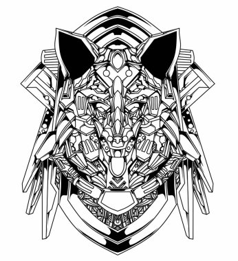 Siyah beyaz bir robot kurt kafası ve bir meka çerçeve.