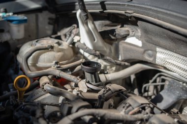 Motor yağı deposu kaputun altında. Yüksek kalite fotoğraf