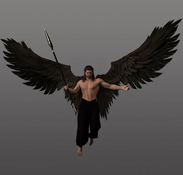 Fantasy Male Angel with dark hair, spear, and brown wings