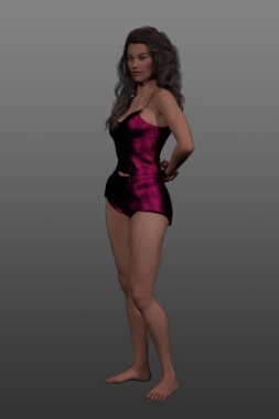 Pembe iç çamaşırlı güzel bir kadının 3 boyutlu görüntüsü, izole edilmiş arka planda poz veriyor.