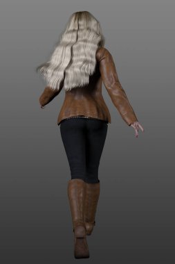 Üç boyutlu güzel sarışın bir kadın, şık bir kış elbisesi ile izole bir arka plana poz veriyor..