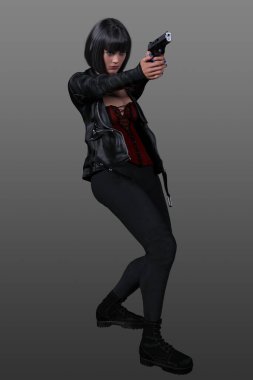 Siyah saçlı, siyah ve kırmızı elbiseli güzel bir kadın silahla poz veriyor.