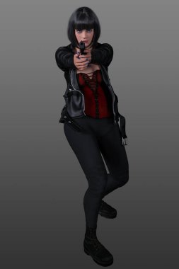3D cg peruklu güzel bir kadın silah doğrultuyor