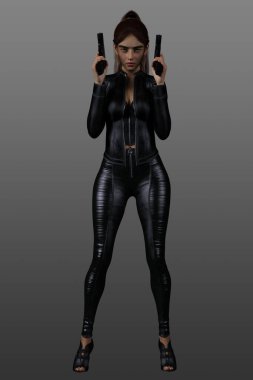 Siyah deri elbiseli, çekici bir kadın modelin 3 boyutlu görüntüsü.