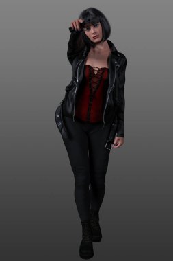 Güzel katil dişi izole edilmiş bir arkaplana sakince silah doğrultuyor..