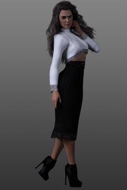 Uzun esmer, zarif siyah etekli, koyu arkaplanda seksi genç bir kadının tam portresi.