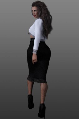 Uzun kahverengi saçlı, güzel esmer bir kadının uzun boylu portresi, izole bir arka planda, şık günlük giysiler içinde.