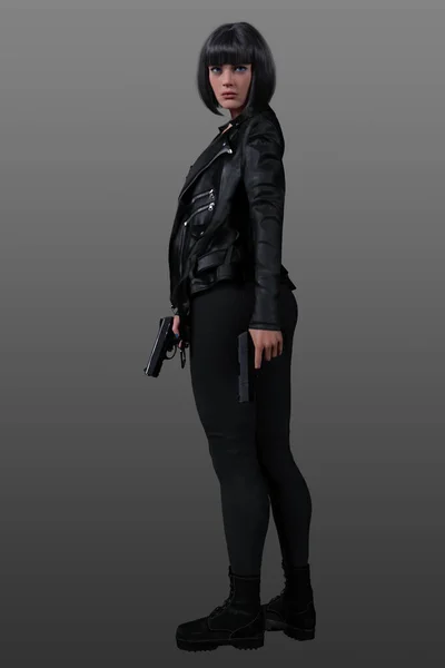 Черноволосая Красивая Молодая Женщина Черно Красном Наряде Позирует Пистолетом — стоковое фото