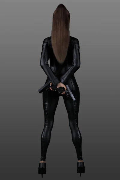 Representación Atractivo Modelo Femenino Posando Con Pistolas Traje Cuero Negro —  Fotos de Stock