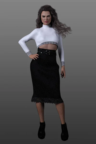 Full Portrait Sexy Young Woman Long Brunette Hair Elegant Black — Stock Photo, Image