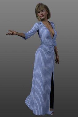 Uzun mavi bir elbise içinde güzel bir sarışının tam boy portresi..