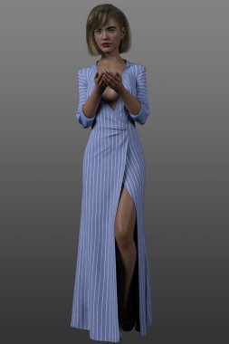 Uzun mavi bir elbise içinde güzel bir sarışının tam boy portresi..