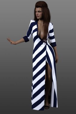 Uzun beyaz ve mavi bir elbise içinde güzel esmer bir kadının tam boy portresi..