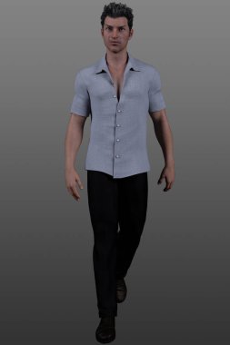 Gri bir arka planda poz veren yakışıklı, koyu renk saçlı bir adamın tam boy portresi..