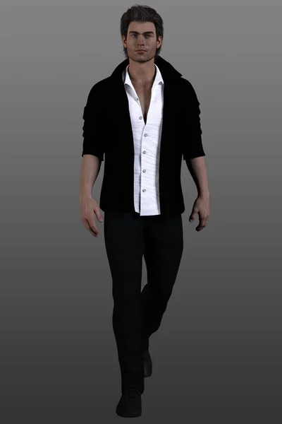 handsome young male model in black suit and white shirt