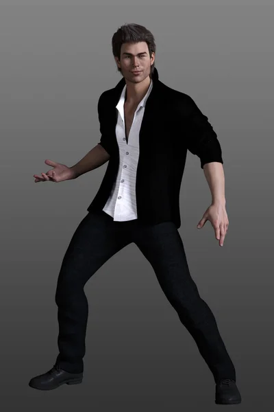 一个身穿黑色西服 身穿灰色背景白衬衫的年轻人的3D渲染 — 图库照片