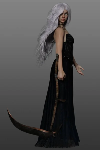 Schöne Sexy Dame Gothic Kostüm Mit Sense Dunkles Halloween Bild — Stockfoto