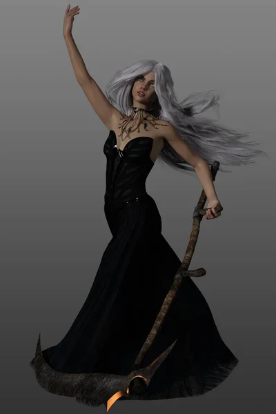 Image Attractive Woman Long White Hair Wearing Fantasy Clothes Scythe — Stock Photo, Image