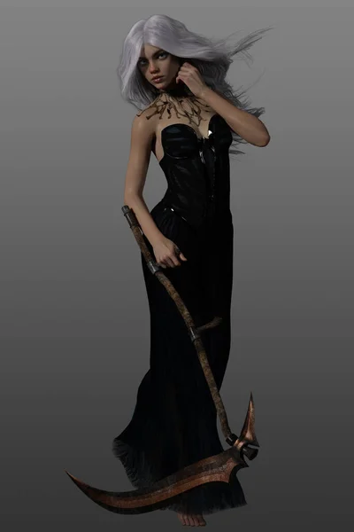 Beautiful Young Lady Reaper Long Black Fantasy Clothes Scythe — Stock Photo, Image