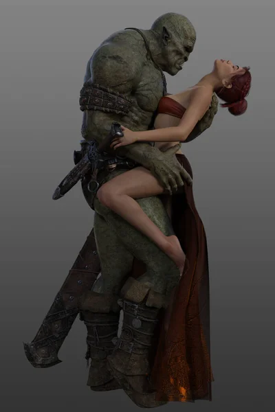 Dev Yeşil Ork Destansı Fantezi Sahnesinde Genç Kadını Kucaklıyor — Stok fotoğraf