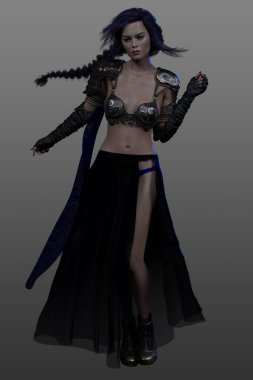 Üst vücut zırhı ve siyah etek giyen mavi saçlı bir kadın savaşçının tam boy portresi.