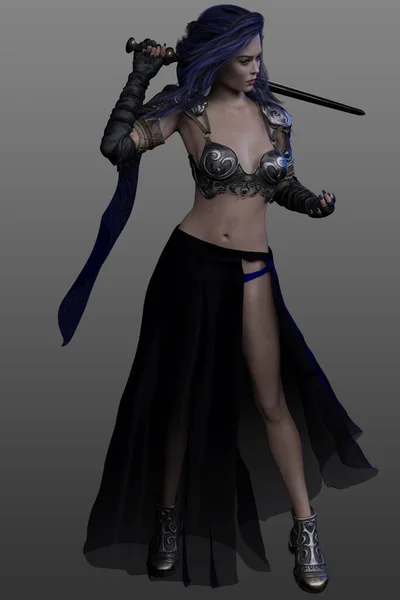 Zırh Giymiş Fantezi Kadın Model Siyah Etekli Kılıçlı Mavi Saçlı — Stok fotoğraf