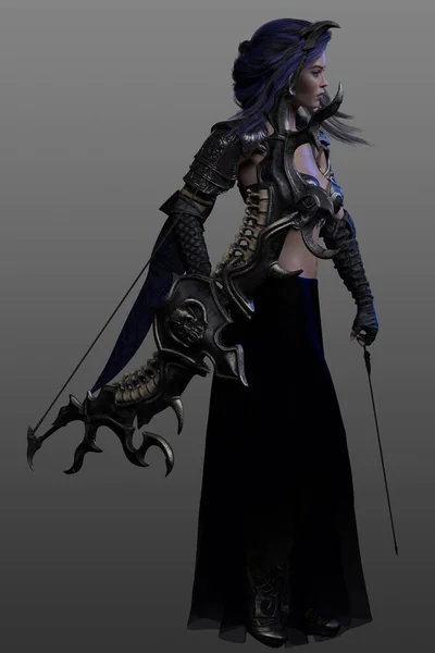 幻想的な弓と矢を持つファンタジー女性 青い髪とセクシーな鎧を着て — ストック写真