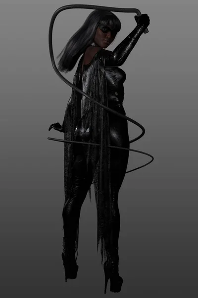 Beautiful Woman Black Lycra Leather Bodysuit Mask Wielding Whip Long — Stock Photo, Image