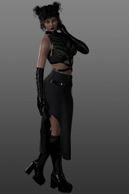 Üç boyutlu güzel gotik kadın tasviri. Siyah midilli düğümleri ve siyah gotik kıyafetler..