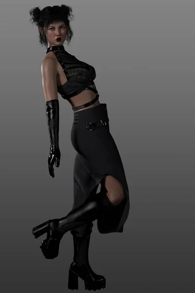 Візуалізація Красивої Готичної Жінки Чорні Поні Вузли Чорний Готичний Одяг — стокове фото