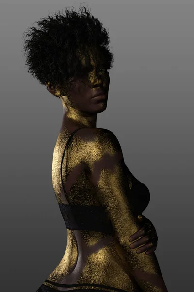 stock image Beautiful African American woman with skin painted in gold body paint, posing on isolated background in lingerie.