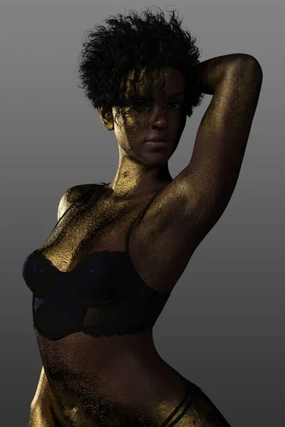 Vacker Afroamerikansk Kvinna Med Hud Målad Guld Kroppsfärg Poserar Isolerad — Stockfoto