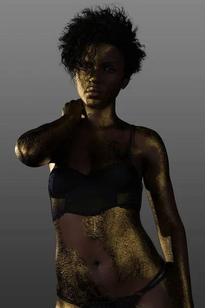 Beautiful African American Woman Skin Painted Gold Body Paint Posing — Stock Photo, Image