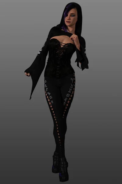 Mooie Sexy Gothic Vrouw Zwarte Outfit Met Paars Haar Poseren — Stockfoto