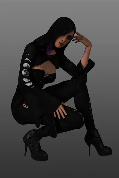 Belle Femme Gothique Sexy Tenue Noire Aux Cheveux Violets Posant — Photo