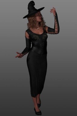 Cadı şapkalı, siyah elbiseli ve siyah korseli güzel kızıl saçlı bir kadının Cadılar Bayramı portresi..