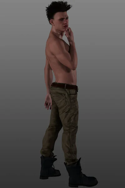 Portrét Svalnatého Mladého Mužského Modelky Bez Trička Nákladních Kalhotách Botách — Stock fotografie