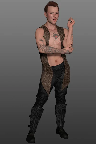 3D渲染的年轻 营地纹身男子眼线笔 穿着背心 裤子和靴子在灰色背景下摆姿势 — 图库照片
