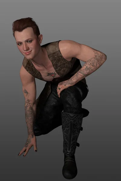 年轻纹身男子的3D渲染眼线 穿着背心 裤子和靴子在一个膝盖上灰色背景 — 图库照片
