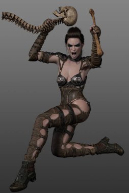 Savaşçı kadın kalça kemiğine, kafatasına ve omurgasına saldırıyor, savaş boyası ve zırhı giyiyor..