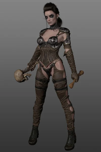 戦士女性は勝利に立ち 女性の骨 頭蓋骨と背骨の武器を保持し 戦争ペイントと鎧を身に着けています — ストック写真