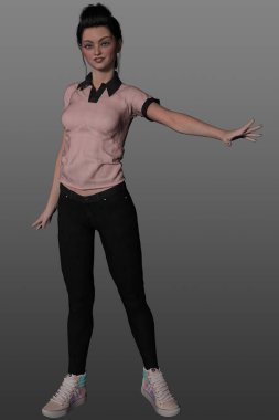 İzole bir arka planda poz veren 3 boyutlu bir genç kız resmi. Sihirli poz. Şehir fantezi karakteri. 