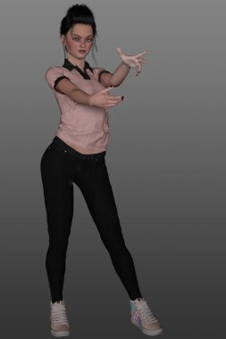 İzole bir arka planda poz veren 3 boyutlu bir genç kız resmi. Sihirli poz. Şehir fantezi karakteri. 