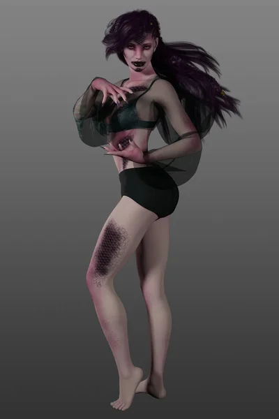 Representación Una Hermosa Guerrera Femenina Con Escamas Cabello Púrpura Personaje — Foto de Stock