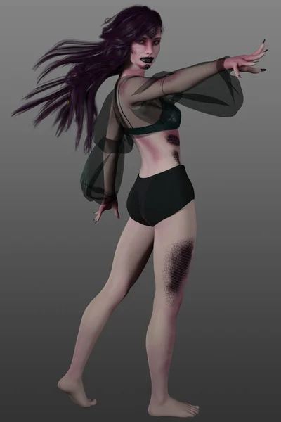 Cg渲染一个美丽的女性战士与鳞片和紫色头发 都市奇幻人物 — 图库照片
