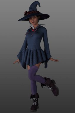 Genç bir cadının 3 boyutlu görüntüsü. Mor kıyafetli ve şapkalı, izole bir arka planda poz veriyor..