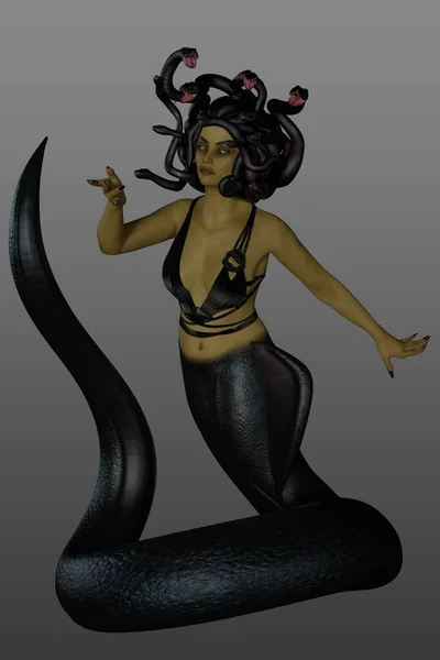 3D渲染的美杜莎与绿色皮肤和蛇的头发 希腊神话和传说 — 图库照片